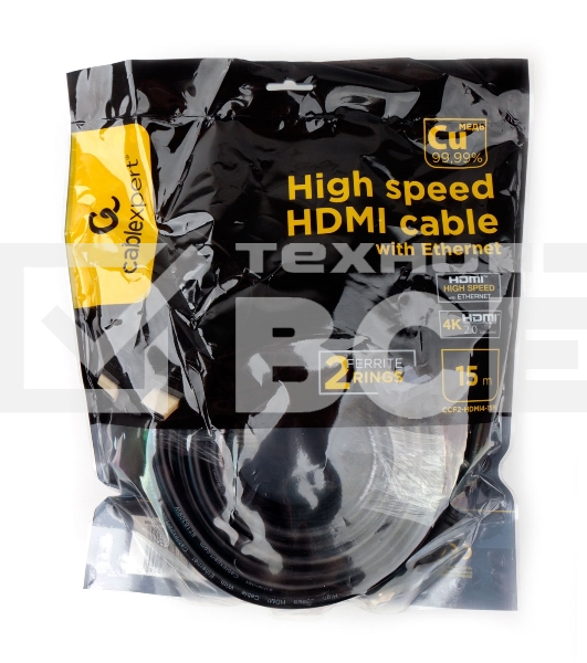 Кабель HDMI Cablexpert CCF2-HDMI4-15M, 19M/19M, v2.0, медь, позол.разъемы, экран, 2 фер.кольца, 15м, черный, пакет