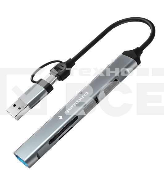 Картридер Type-C/USB-A (3.1) Gembird FD2-MSD-3, 5в1: 2xUSB2.0, USB3.1, SD/TF, кабель 10см, алюминий