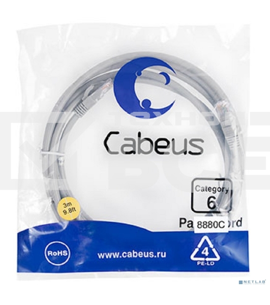 Шнур комм. Cabeus, кат. 6, неэкр., U/UTP, RJ45/RJ45, 250 МГц, LSZH, AWG24, 3м, серый
