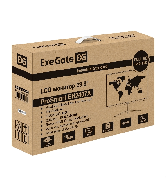 Монитор 23.8' ExeGate ProSmart EH2407A IPS 1920x1080, 100 Гц, 3 мс, 16:9, 250 кд/м², VGA, HDMI 2.0, DP 1.2, 3.5 Jack, динамики (2x3 Вт), FreeSync, черный