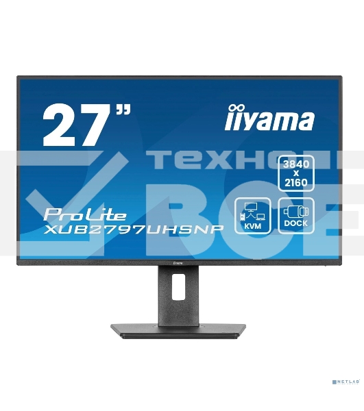 Монитор 27' Iiyama ProLite XUB2797UHSNP-B1 IPS 3840x2160, 60 Гц, 4 мс, 16:9, 350 кд/м², HDMI 2.0, DP 1.2, 3.5 Jack, USB-C (96 Вт), USB Hub (3x USB 3.0), Ethernet, динамики (2x2 Вт), черный