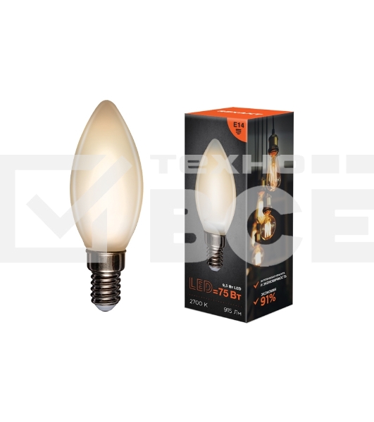 Лампа светодиодная филаментная Rexant Свеча CN35 9.5 Вт 915 Лм 2700K E14 матовая колба
