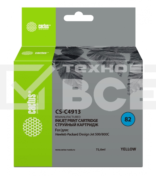 Картридж струйный Cactus CS-C4913 №82 жёлтый (72 мл) для HP Design Jet 500/800C