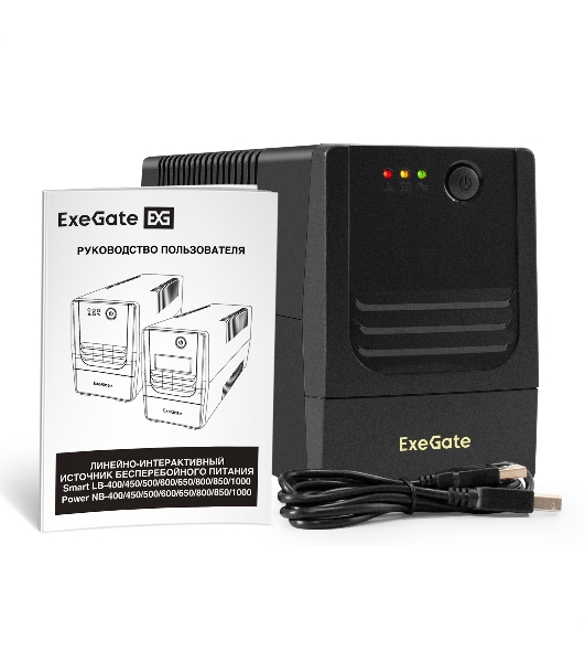 ИБП ExeGate Power NB-800.LED.AVR.2SH.USB (800VA/480W, LED, AVR, 2*Schuko, USB, батарея 12V 9Ah, Black)