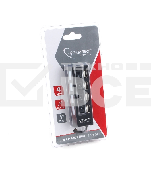 Концентратор USB 2.0 Gembird UHB-243-AD с подсветкой и выключателем, 4 порта, блистер