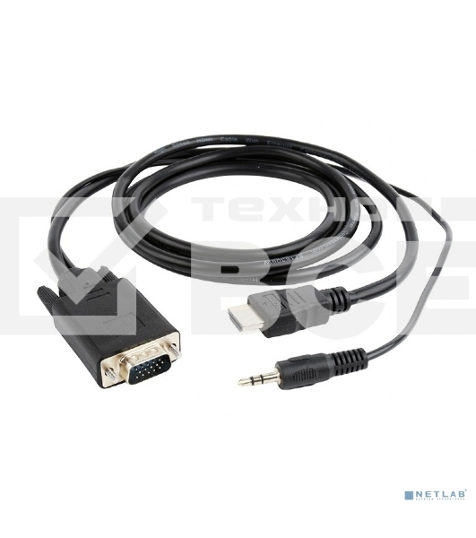 Кабель HDMI->VGA Cablexpert A-HDMI-VGA-03-5M, 19M/15M + 3.5Jack, медь, позол.разъемы, 5м, черный, пакет