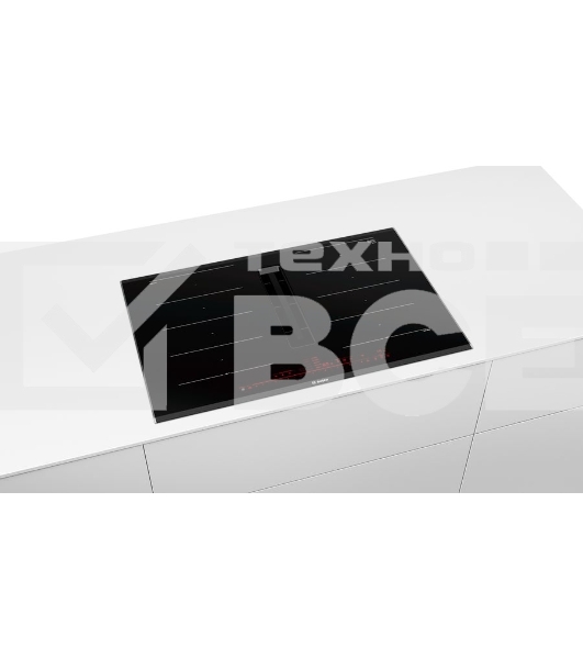 Индукционная варочная поверхность Bosch PXX875D67E с вытяжкой, черная, ширина 80см, 4 зоны нагрева, которые можно обьединить в две зоны FlexInduction, управление DirectSelect Premium, функции HomeConnect: удаленная диагностика, контроль и мониторинг, функ