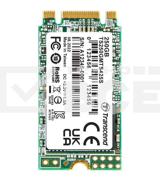 Накопитель SSD M.2 Transcend 250Gb MTS425 TS250GMTS425S (SATA3, up to 500/330MBs, 3D NAND, 90TBW, 22x42мм)