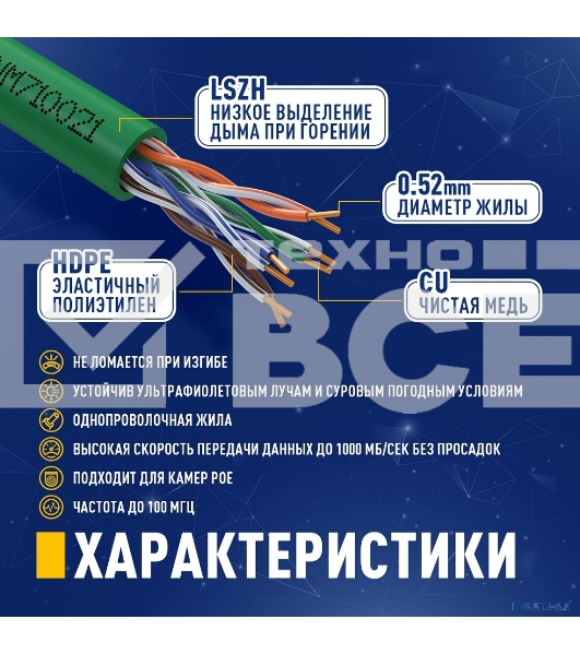 Кабель NEOMAX NM710021-100М-РТ U/UTP cat.5e 4x2x0.52, 24 AWG, медь, внутренний, PVCLS нг(А)-LSLTx, 100м, зеленый
