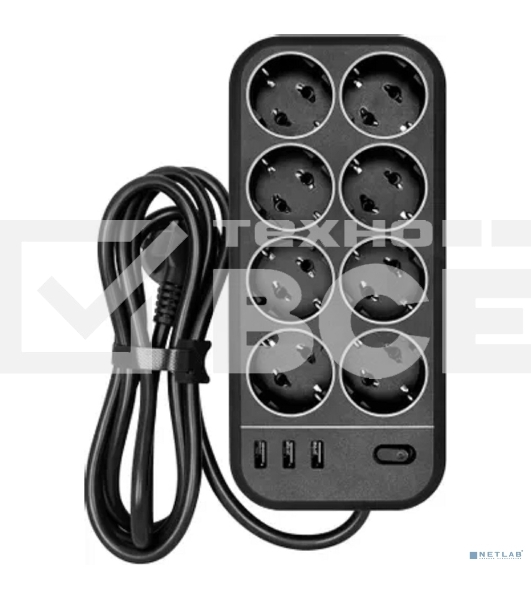 Сетевой фильтр Powercom SP-08 USB03AB 3,0 m 3.0м (8 розеток) черный (коробка)