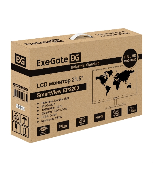 Монитор 21.5' ExeGate SmartView EP2200 IPS 1920x1080, 100 Гц, 5 мс, 16:9, 250 кд/м², HDMI, VGA, Flicker Free, Low Blue Light, черный