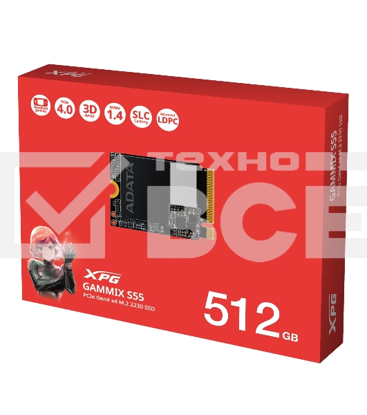 Накопитель NVMe ADATA XPG GAMMIX S55, 512Гб, PCIe 4.0 x4, 2230, R/W 5000/3000 Мбайт/сек