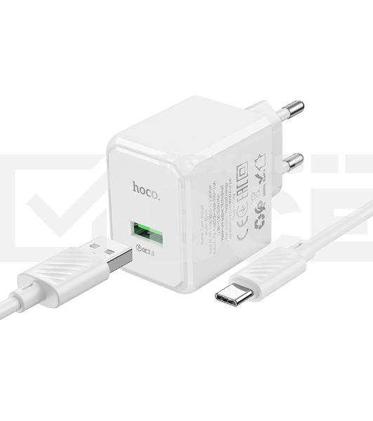 Зарядное устройство Hoco 18Вт, 3А, QC3.0, 1xUSB + кабель USB/Type-C, CS12A, белый, блистер