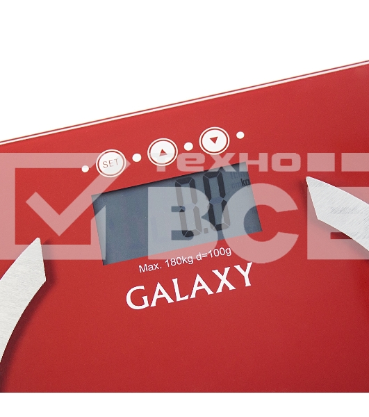Весы многофункциональные Galaxy GL 4851, красный, электронные, эл. пит. «CR2032» в компл., макс вес 180 кг, сверхточ. элек. сенс. сист., ЖК-дисплей, авто. откл., индик. перег. и низ. зар., пам. изм. веса (10 чел.), опр. ур. жир., мышеч., кост. массы