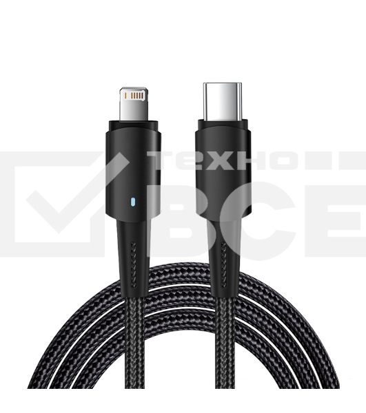 Кабель Type-C – Lightning для Apple, 3А, 1м, в черной нейлоновой оплетке, со световой индикацией Rexant