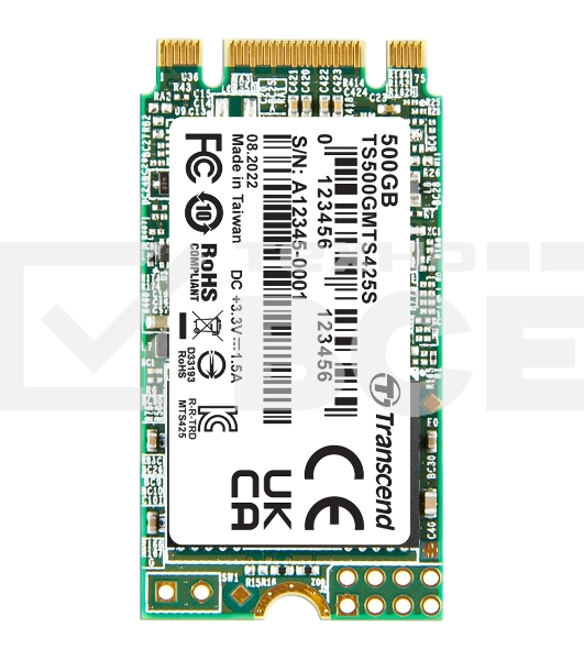 Накопитель SSD M.2 Transcend 500Gb MTS425 TS500GMTS425S (SATA3, up to 530/480MBs, 3D NAND, 180TBW, 22x42мм)