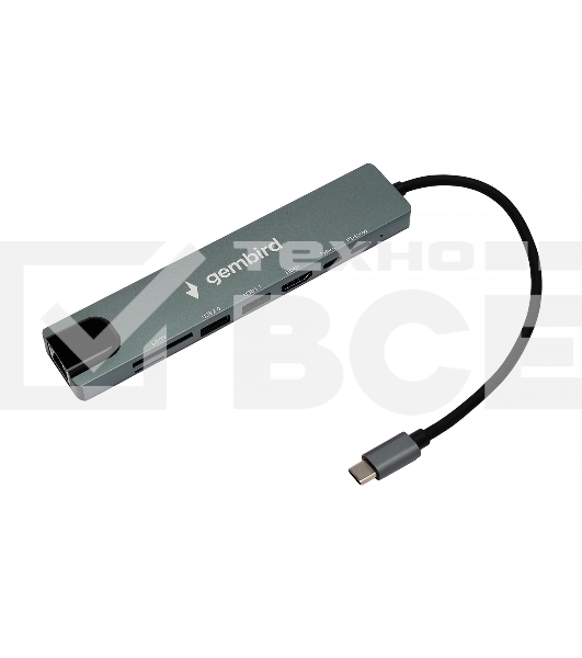 Док-станция Type-C Gembird UHB-D3, 8в1: USB2.0, USB3.1, Type-C PD87W, Type-C, HDMI, SD/TF, RJ45, кабель 20см, алюминий