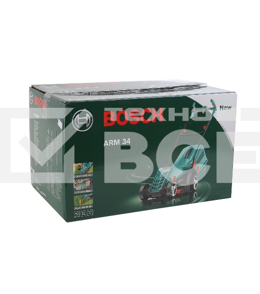 Газонокосилки Bosch ARM 34 06008A6101 Газонокосилка роторная { шир. 34см, Мотор Power drive, Момент 16Нм, 1300Вт, 40л, 11кг, 5 уровней кошения(20-70см); косит вдоль стен, складные Ergo ручки, комп. хранение }