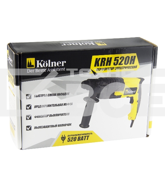 Перфоратор KOLNER KRH 520H(Перфоратор 500 Вт, SDS+, 1,5Дж, 0-850 об/мин, 2 режима, макс.диам.сверл(бетон) 20мм, ПВХ кабель 2м. (доп. рукоятка, глубомер))