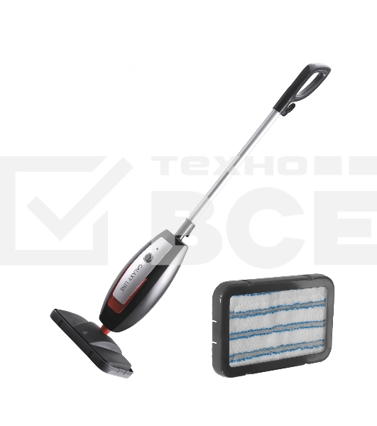 Паровая швабра Galaxy Line GL 6400, серебристый с черным, 1600 Вт, 0,6 л, 1 бар, регулятор мощности, время работы до 20 мин, макс. подача пара 35 г/мин, макс. температура нагрева 110°C, время нагрева до 30 с, индикатор работы и опустошения резервуара, аксессуары: мерный стакан, рамка для ковра, накладка из микрофибры, воронка