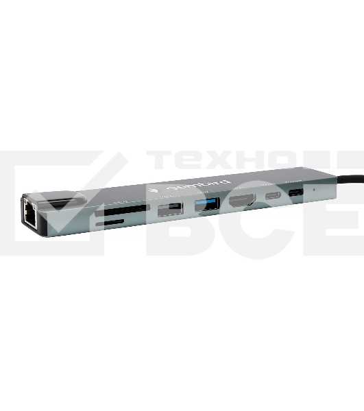 Док-станция Type-C Gembird UHB-D3, 8в1: USB2.0, USB3.1, Type-C PD87W, Type-C, HDMI, SD/TF, RJ45, кабель 20см, алюминий