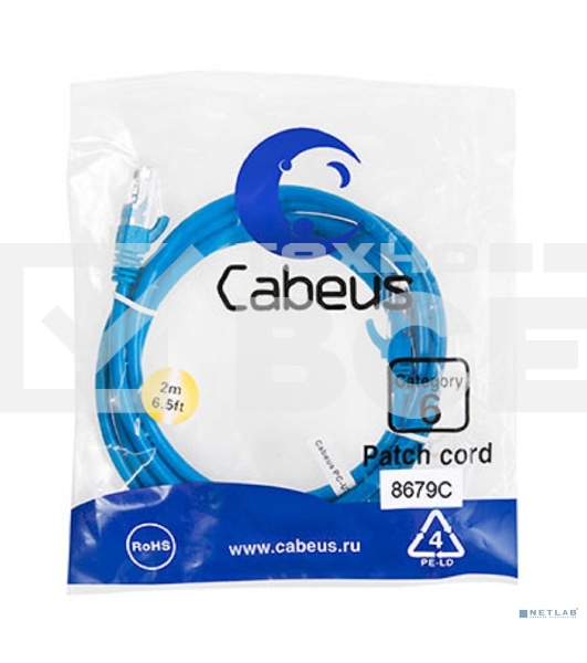 Шнур комм. Cabeus, кат. 6, неэкр., U/UTP, RJ45/RJ45, PVC, AWG24, 2м, синий