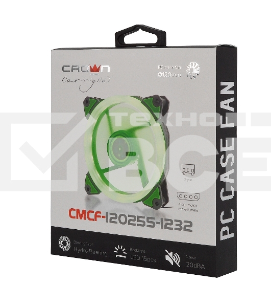 Вентилятор для корпуса Crown CMCF-12025S-1232 черный/зеленый, 120 мм, 1650 об/мин, 23 дБ, 3 pin