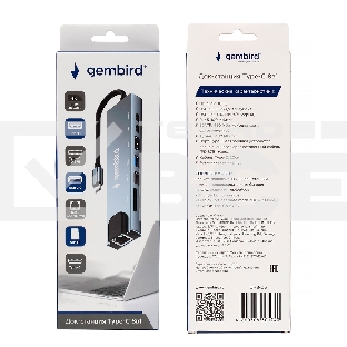 Док-станция Type-C Gembird UHB-D3, 8в1: USB2.0, USB3.1, Type-C PD87W, Type-C, HDMI, SD/TF, RJ45, кабель 20см, алюминий