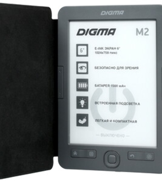 Электронная книга Digma M2 6' E-ink HD 758x1024 600MHz 128Mb/4Gb/SD/microSDHC/подсветка дисплея темно-серый (в компл.:обложка)