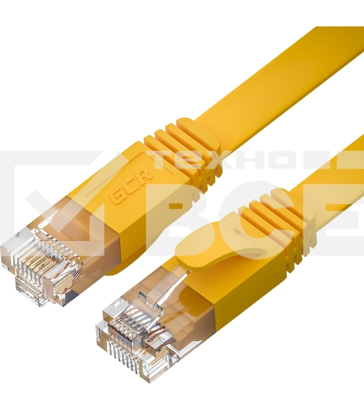 Патч-корд GCR PROF плоский прямой 1.5m, UTP медь кат.6, желтый, 30 AWG, ethernet high speed 10 Гбит/с, RJ45, T568B, GCR-52824