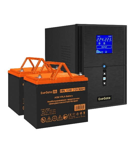 Комплект Источник бесперебойного питания EX295989RUS + батарея 80Aч EX285654RUS 2шт (инвертор, синус, для котла) ExeGate SineTower SZ-2000.LCD.AVR.3SH.1C13.USB <2000VA/1600W, чистый синусоида, LCD дисплей, AVR, 3*Schuko+1*C13, USB, линейно-интерактивный, Black> + батарея ExeGate HRL 12-80 (12В, 80Ач) 2шт