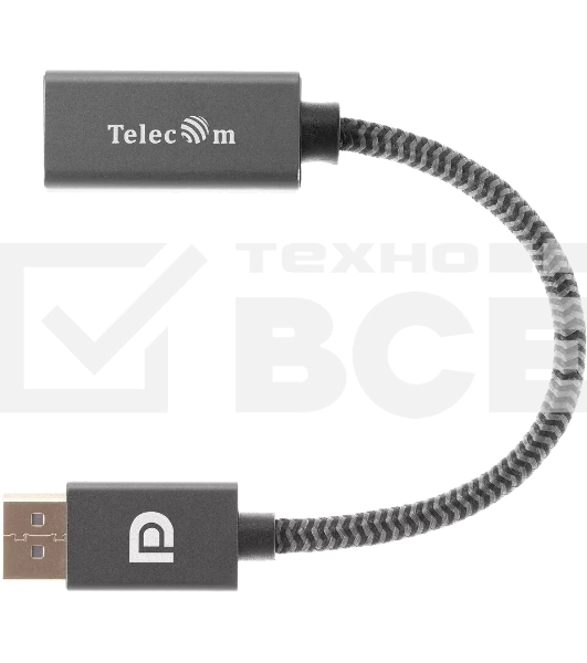 Кабель-переходник DP --> HDMI-F 0.2m , серый металлик, оплетка, 4K@60Hz, Telecom (TA560)