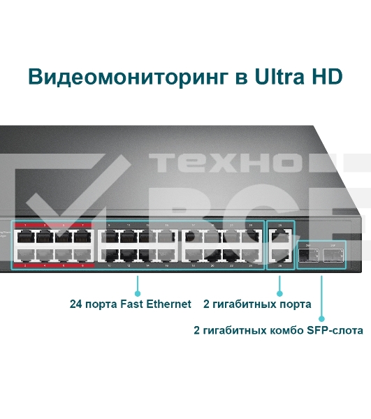 Коммутатор 24-port 10/100Mbps Unmanaged PoE+ Switch with 2 combo RJ-45/SFP uplink ports, metal case, rack mount, 24 802.3af/at compliant PoE+ ports, 2 gigabit combo RJ-45/SFP uplink ports, DIP switches for Extend mode, Isolation mode and Priority mode, up
