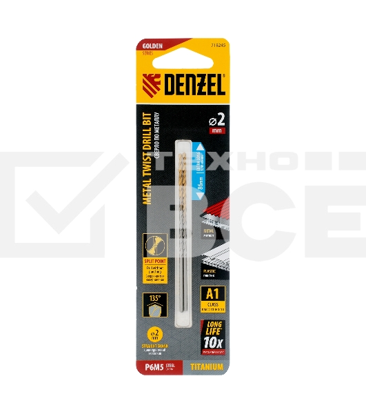 Сверло спиральное по металлу 2 х 86 мм Р6М5, Golden Tip, удлиненное, 2шт. Denzel