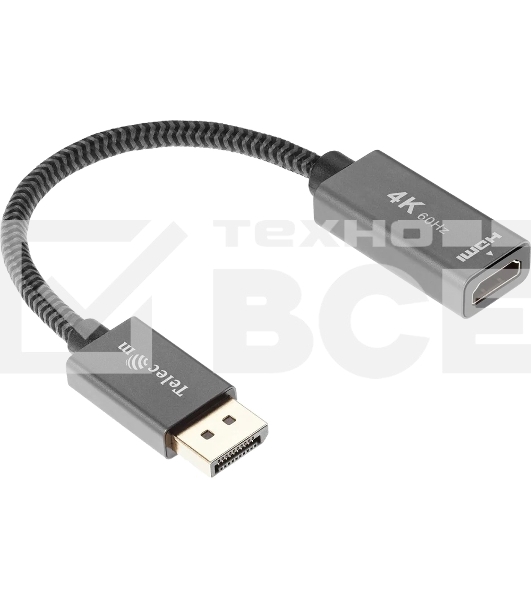 Кабель-переходник DP --> HDMI-F 0.2m , серый металлик, оплетка, 4K@60Hz, Telecom (TA560)