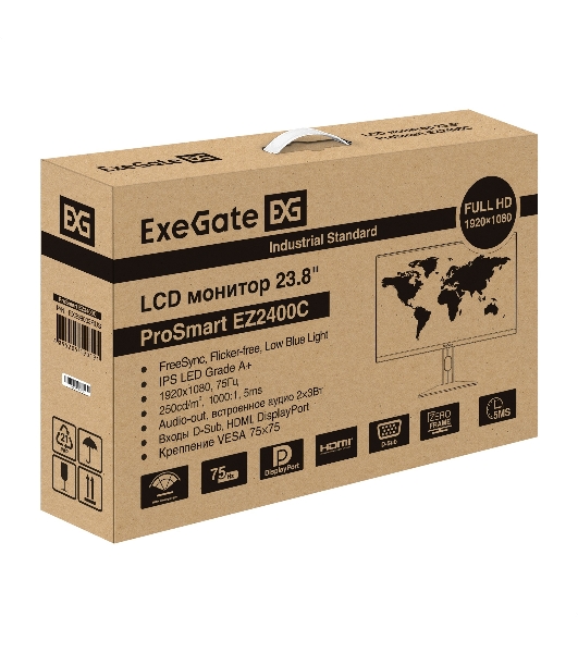 Монитор 23.8' ExeGate ProSmart EZ2400C IPS 1920x1080, 75 Гц, 3 мс, 16:9, 250 кд/м², VGA, HDMI 2.0, DP 1.2, USB, 3.5 Jack, динамики (2x3 Вт), FreeSync, черный