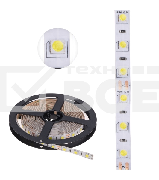 Лента LED 3 м 12 В 5050 6500 К IP65 60 LED/м для БП с клеммами LAMPER