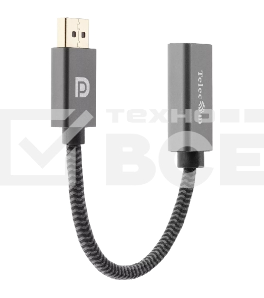 Кабель-переходник DP --> HDMI-F 0.2m , серый металлик, оплетка, 4K@60Hz, Telecom (TA560)