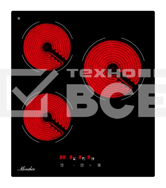 Варочная панель Monsher, High-Tech, Hi-Light, 45 см, 3 конфорки, 9 уровней мощности, сенсорное управление, автоматическое отключение, индикация остаточного тепла, таймер, черный