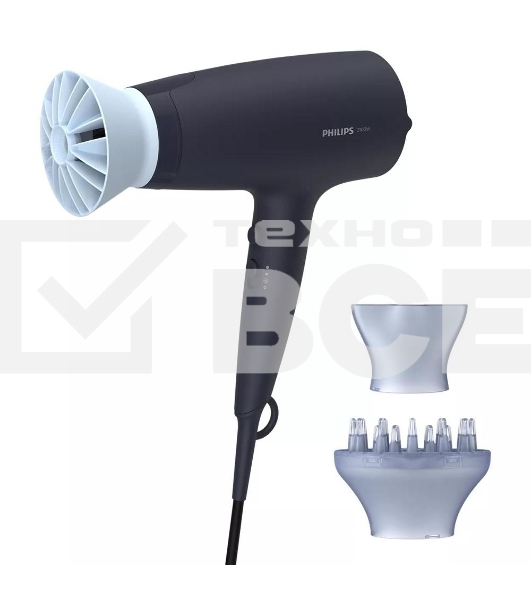 Фен Philips Фен Philips/ 2100 Вт, 6 режимов, ионизация, ThermoProtect, концентратор, диффузор, шнур 1,8 м. Цвет: синий.