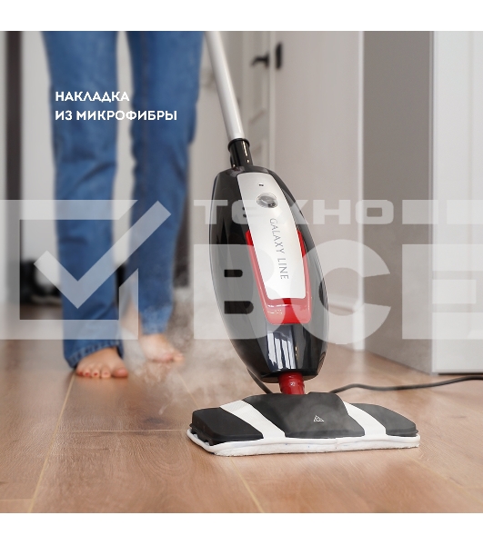 Паровая швабра Galaxy Line GL 6400, серебристый с черным, 1600 Вт, 0,6 л, 1 бар, регулятор мощности, время работы до 20 мин, макс. подача пара 35 г/мин, макс. температура нагрева 110°C, время нагрева до 30 с, индикатор работы и опустошения резервуара, аксессуары: мерный стакан, рамка для ковра, накладка из микрофибры, воронка