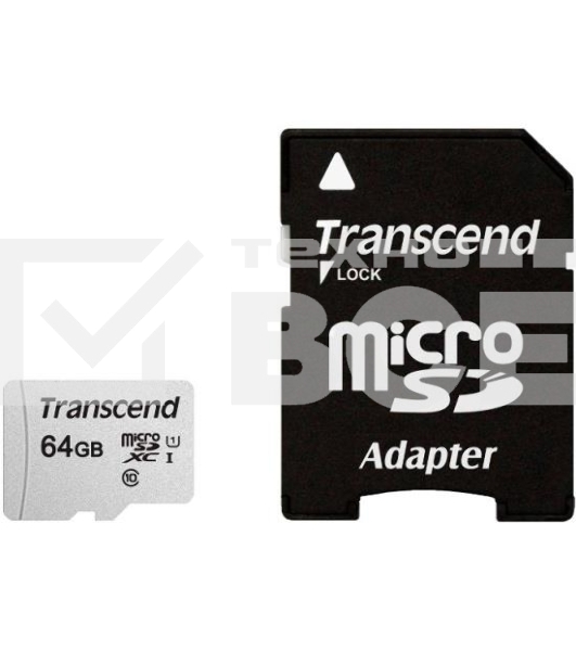 Флеш карта Micro SecureDigital 64Gb Transcend Class 10 TS64GUSD300S-A{MicroSDXC Class 10 UHS-I, SD adapter}