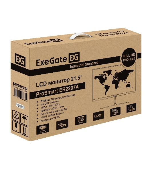 Монитор с аудио 21.5' 100 Гц ExeGate ProSmart ER2207A (VA LED Grade A+, FHD, 1920x1080@100Гц, 16:9, 250cd/m2, 3000:1, 178°/178°, 5ms, Speakers, D-Sub, HDMI, audio-in, FreeSync, Flicker-free, Low Blue Light, кабель HDMI 1.5м, VESA, регулировка наклона (tilt), черный)