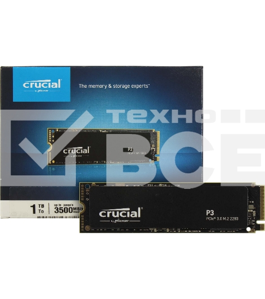 Накопитель SSD Crucial P3, 1Tb, M.2 2280, PCIe 3.0 x4, NVMe, R/W 3500/3000