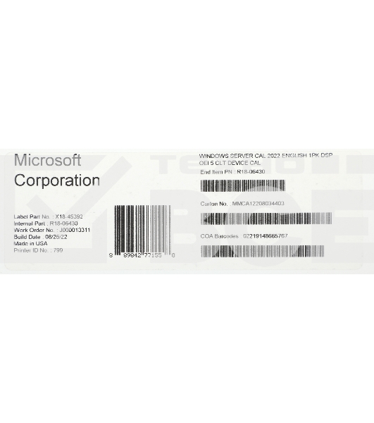 ПО Microsoft Windows Server CAL 2022 English 1pk DSP OEI 5 Clt Device CAL (R18-06430)