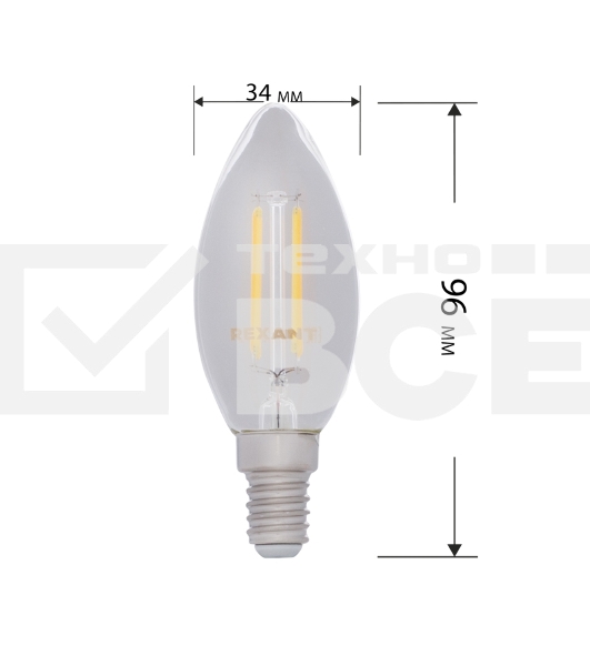 Лампа светодиодная филаментная Rexant Свеча CN35 9.5 Вт 950 Лм 2700K E14 прозрачная колба