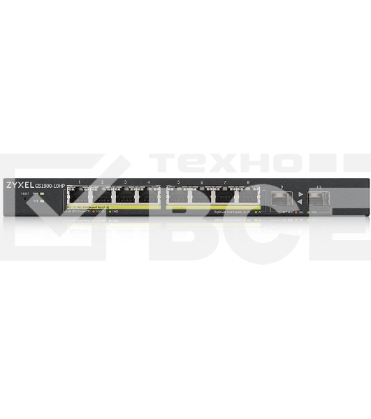 Коммутатор Smart L2 PoE+ Zyxel GS1900-10HP, 8xGE PoE+, 2xSFP, настольный, бесшумный, бюджет PoE 77 Вт
