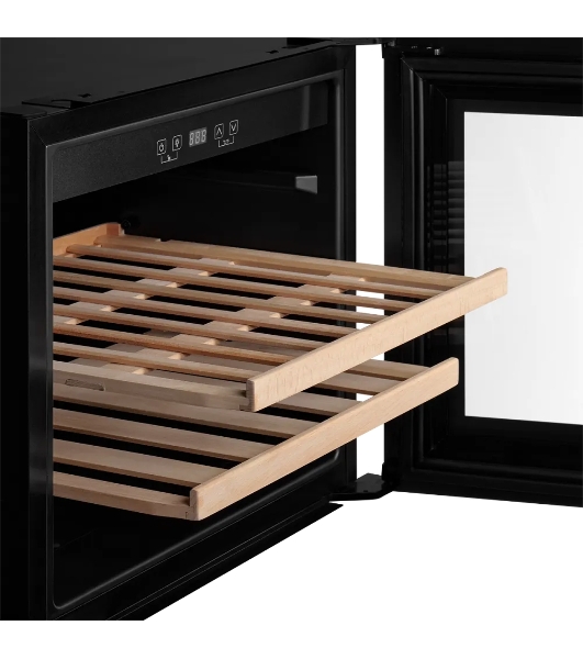 Винный шкаф Kuppersberg RBW 45, встраиваемый, High-Tech, объем 62 л, вместимость 28 бутылок, диапазон температуры 5-20 градусов, 2 полки из бука, LCD дисплей, уровень шума 40 дБ, черный