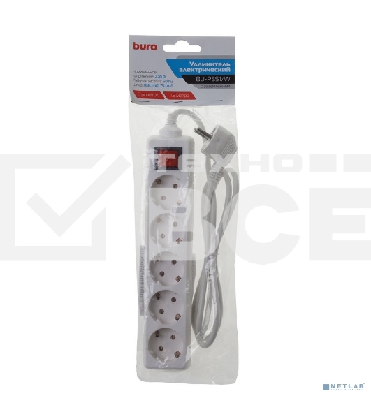 Сетевой удлинитель Buro BU-PS5.1/W 1.5м (5 розеток) белый (пакет ПЭ)