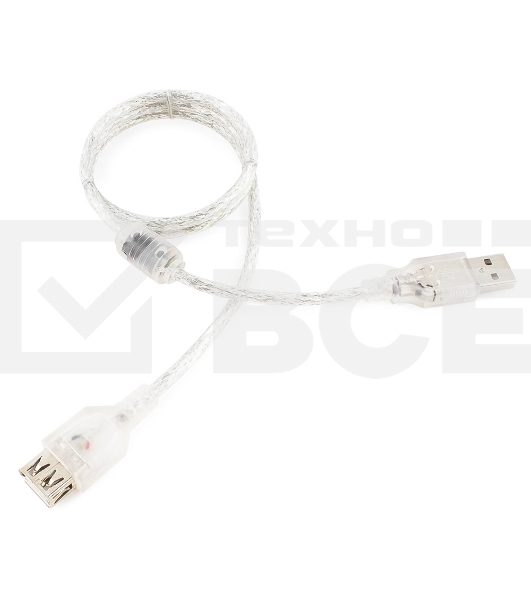 Кабель удлинитель USB2.0 Pro Cablexpert CCF-USB2-AMAF-TR-0.75M, AM/AF, 0,75м, экран, 2феррит.кольца, прозрачный, пакет